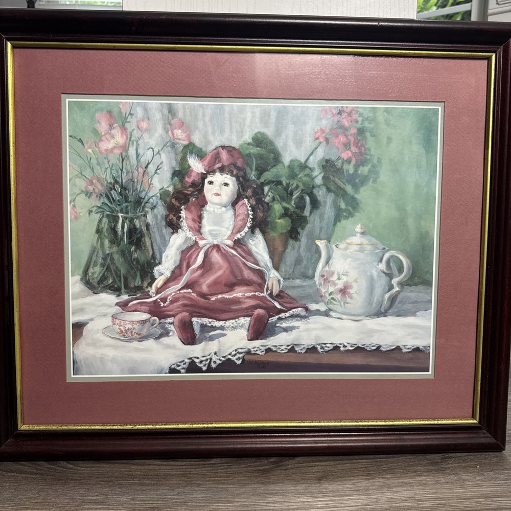 Home‎ Interior Framed Victorian Doll with Floral Teapot Print By Val Bishop